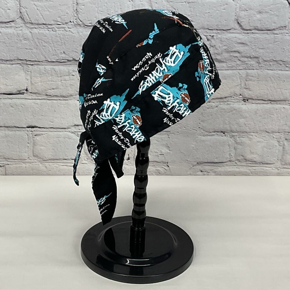 Harley Davidson Logo Skull Cap O/S Nassau Bahamas Black Teal Bikercore Tie Back